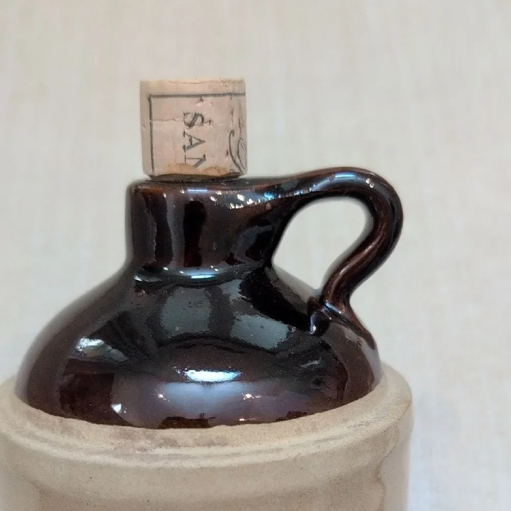 Vintage Pottery Whiskey Crock Stoneware Jug with Handle and Cork Made In USA